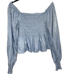 Candies Off-Shoulder Smocked Blouse Ruffle Shimmer Cottagecore Boho Women L Blue